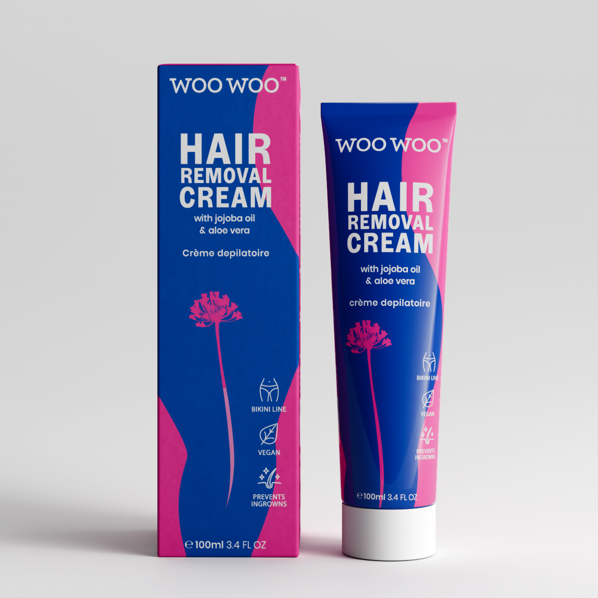 Woo Woo hair removal cream packaging with blue and pink design on a white background
