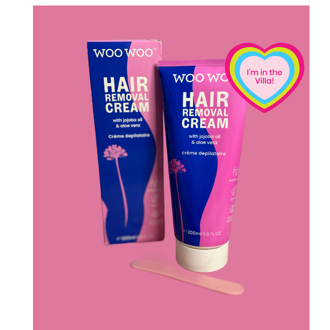 Woo Woo hair removal cream with applicator on a pink background