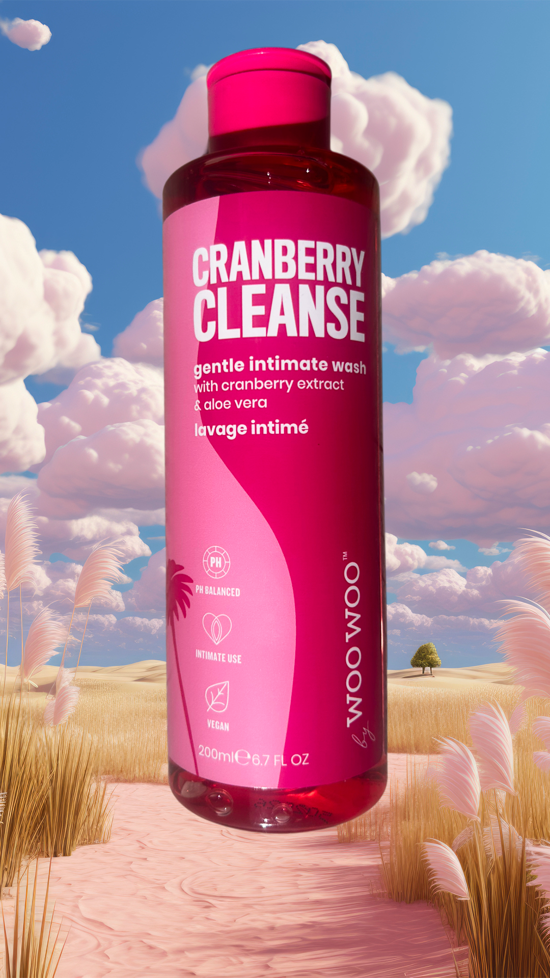 Bottle of cranberry cleanse on abstract pink sand background