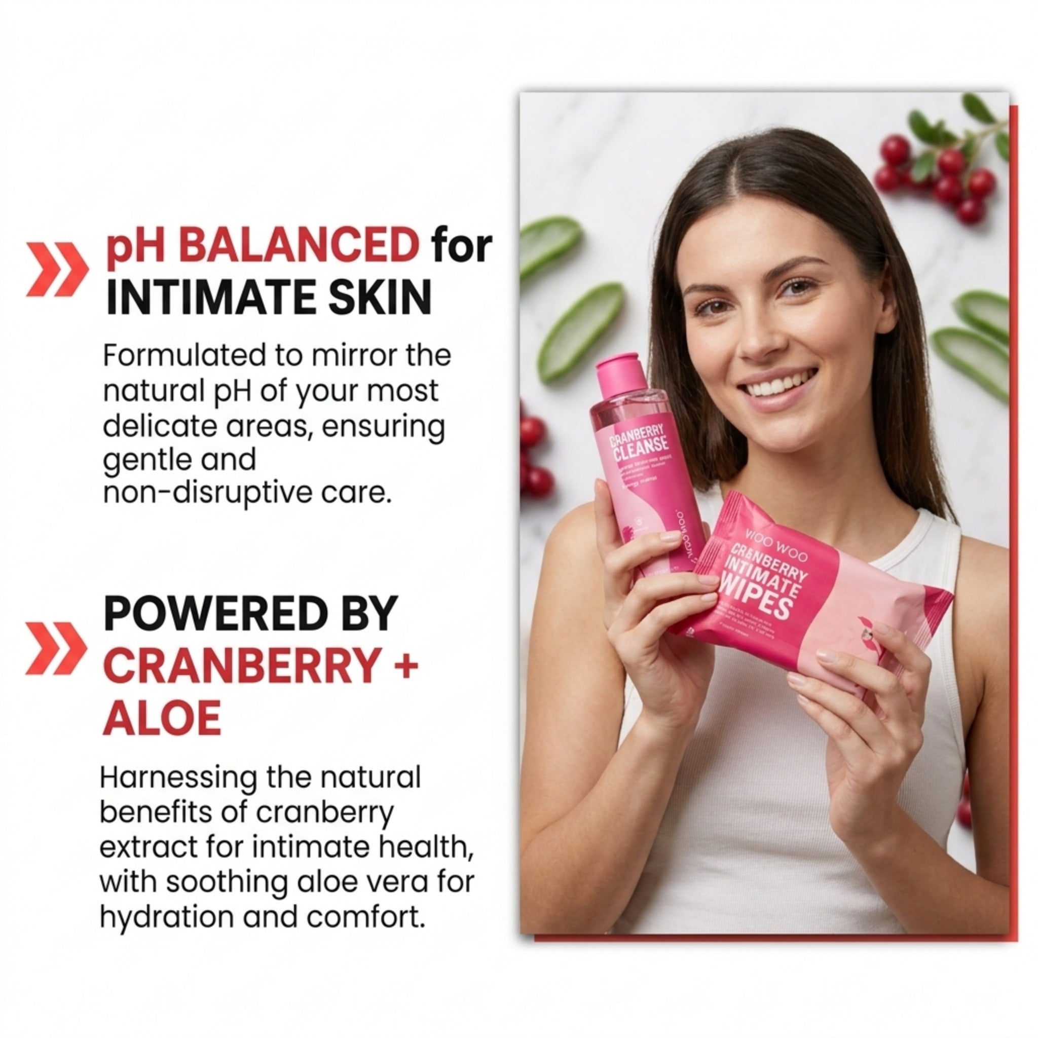 A woman holds a pink bottle labeled Cranberry Cleanse and a pink packet of herbal intimate wipes against a light marble background with cranberry leaves and cherries. Text on the left reads &