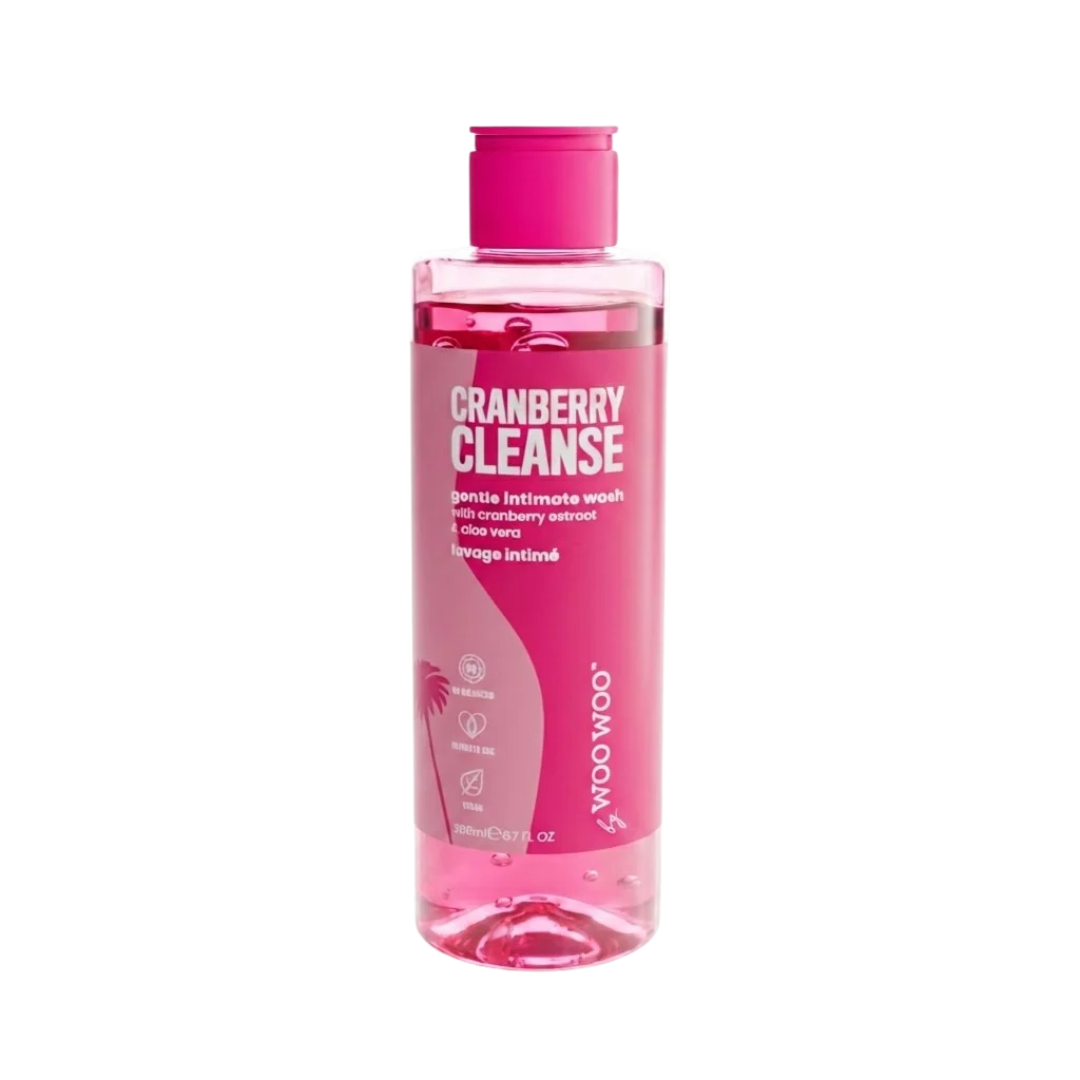 Pink bottle of Cranberry Cleanse on a white background